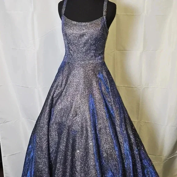 princess polly baby blue dress Ava Presley 39254 Long Prom Iridescent Dress Halter Top Beaded High Sl –  Glass Slipper Formals main image 1